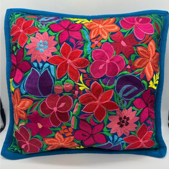 Other - Embroidered Cushion Case Blue Cotton Fabric Floral Mexican Textiles